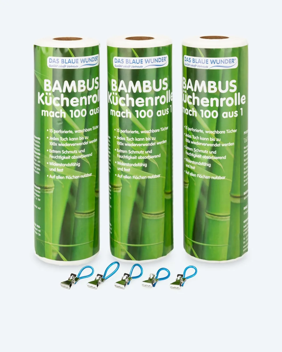 Bambus Küchenrolle, 3er Set + 5 Clips