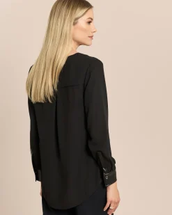 Chiffon-Bluse mit Lederimitat