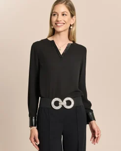 Chiffon-Bluse mit Lederimitat