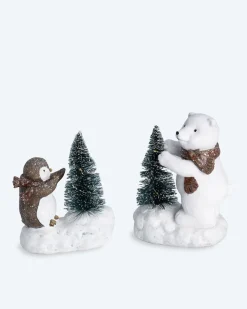 Dekofiguren "Pinguin und Eisbär mit LED-Baum", 2tlg.