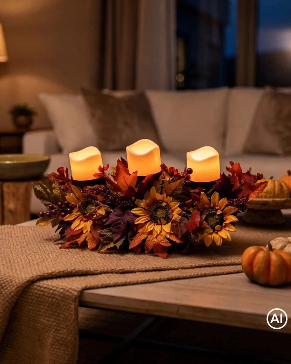Gesteck mit 3 LED-Kerzen "Herbst-Sonnenblumen"