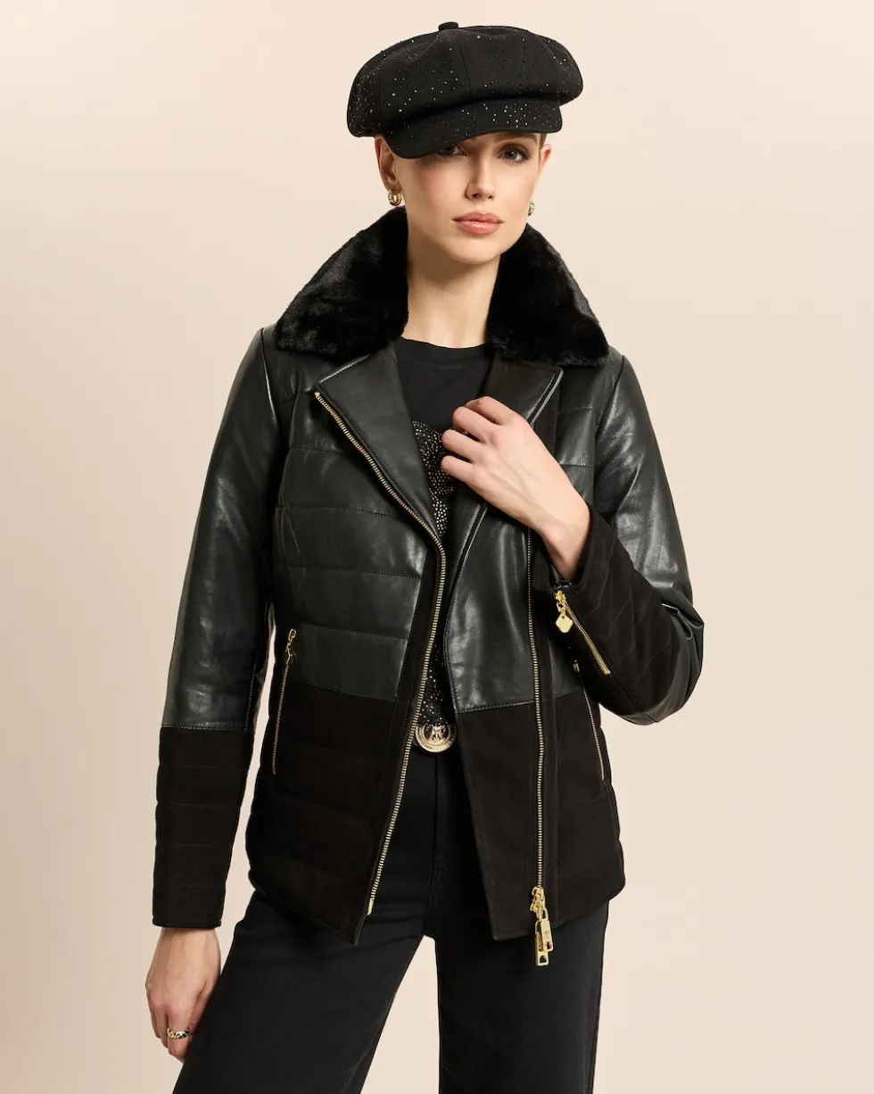 Lederjacke mit Webpelzkragen