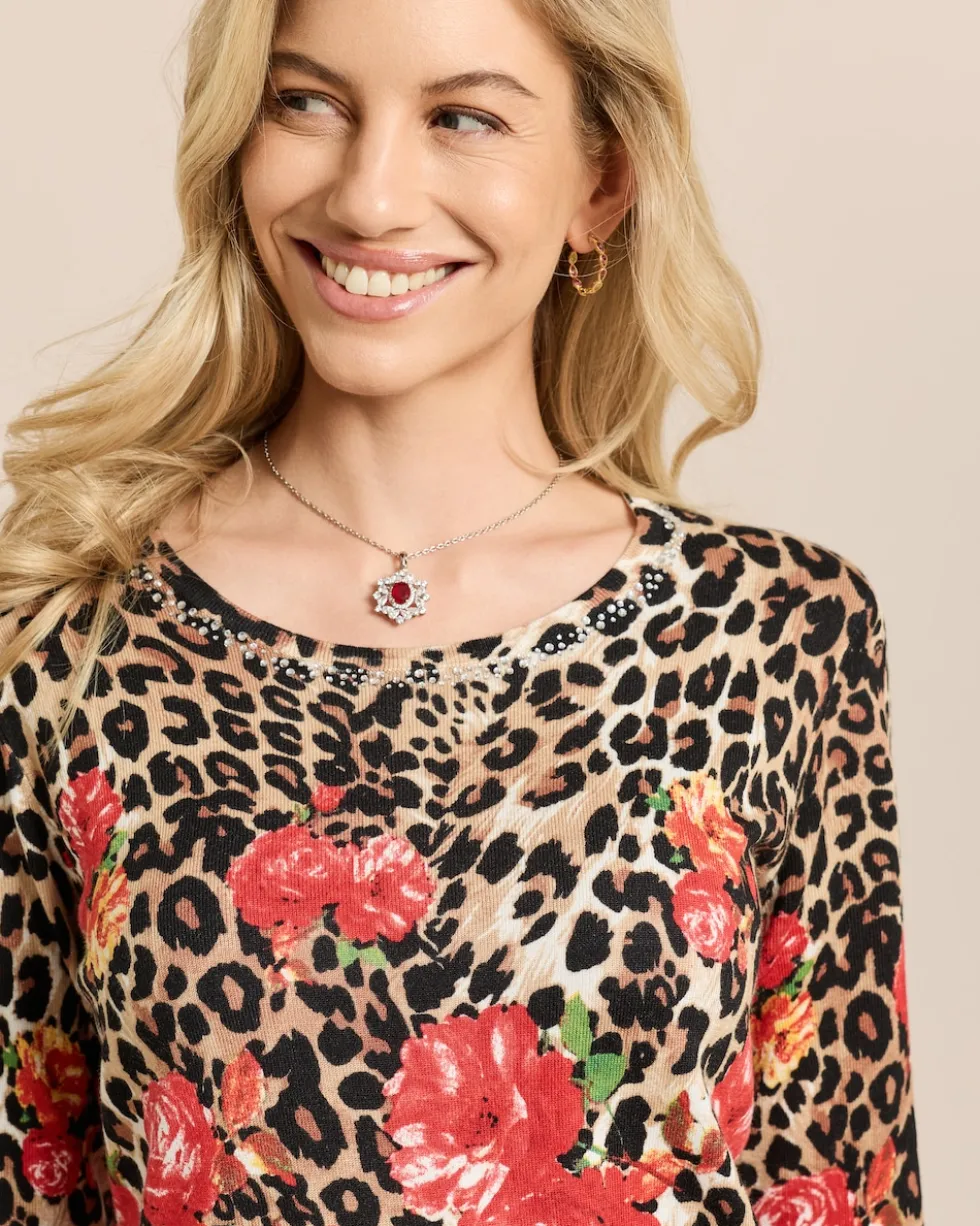 Pullover mit Leo-/Rosenprint und Strass