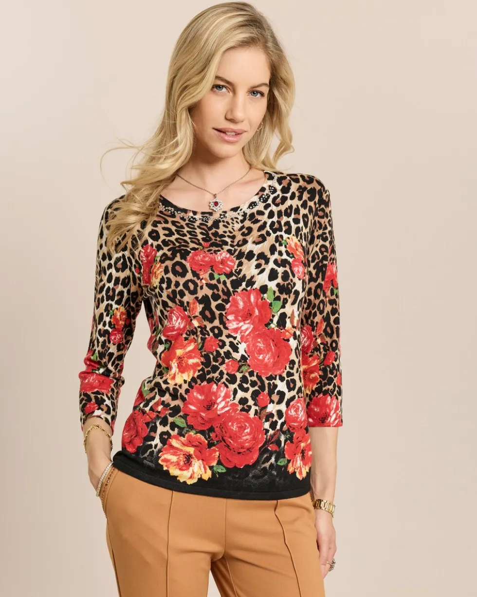 Pullover mit Leo-/Rosenprint und Strass