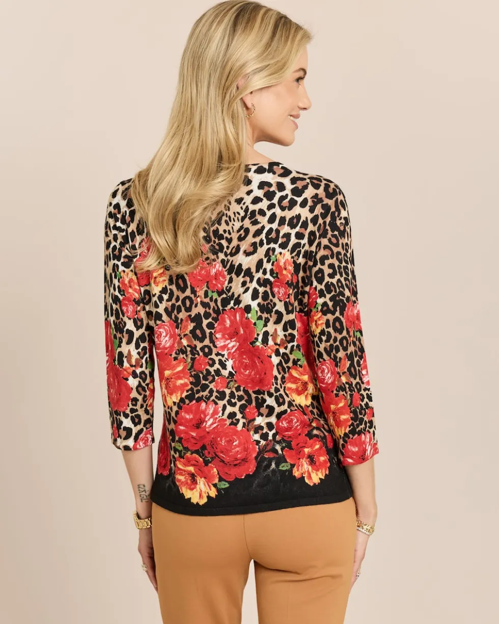 Pullover mit Leo-/Rosenprint und Strass