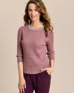 Pullover mit Zopfmuster und Perlendeko