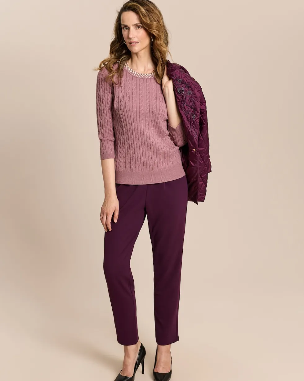Pullover mit Zopfmuster und Perlendeko