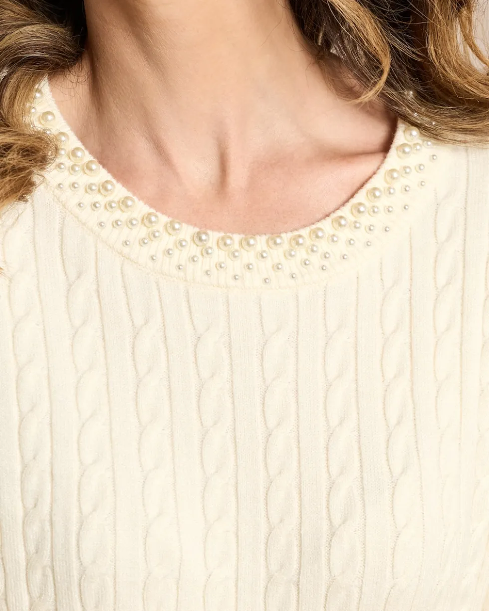 Pullover mit Zopfmuster und Perlendeko