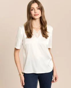 Satin-Bluse mit Spitzeneinsatz