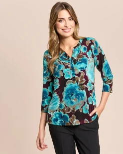 Shirt-Bluse mit Rosendruck und Knopfleiste