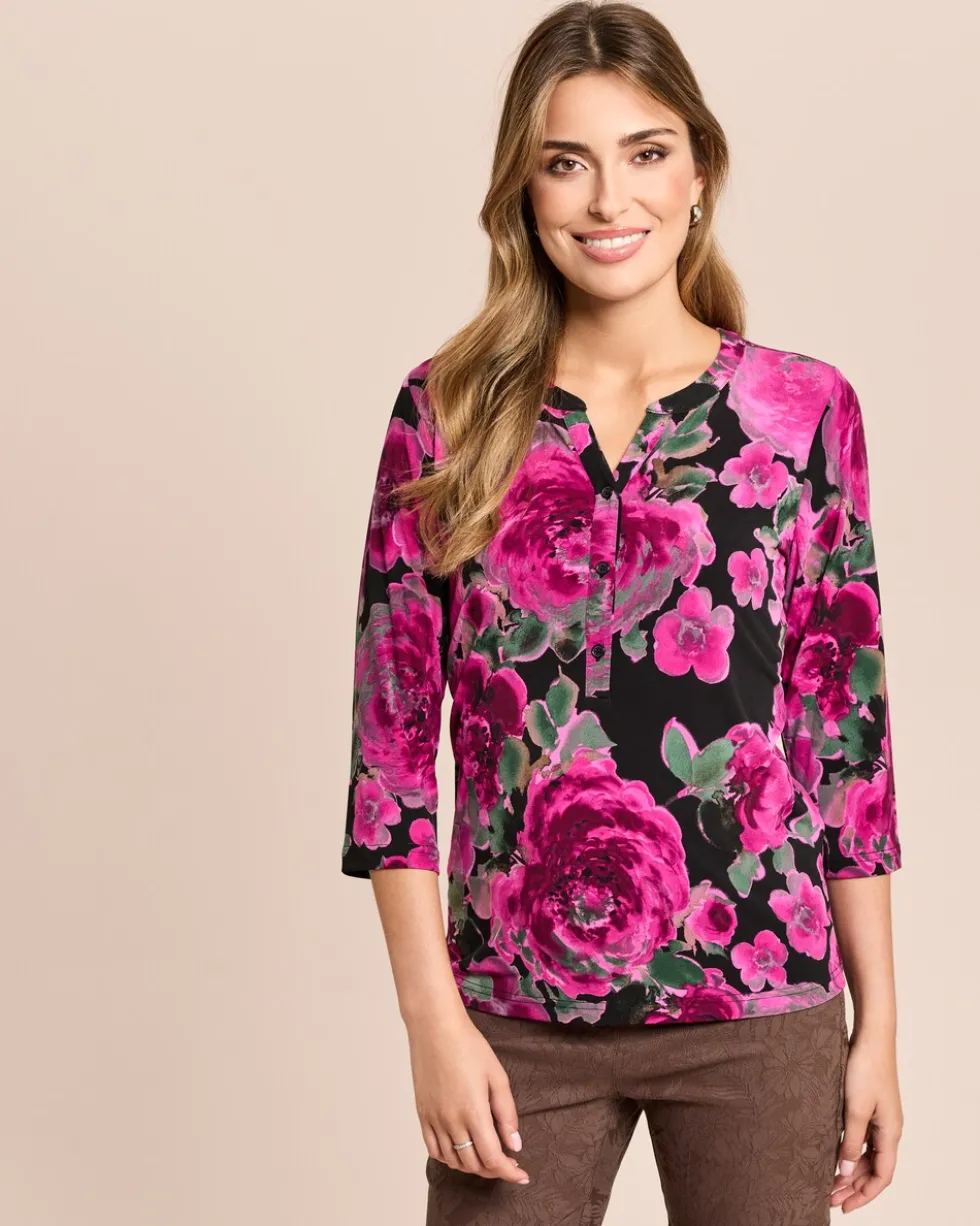 Shirt-Bluse mit Rosendruck und Knopfleiste