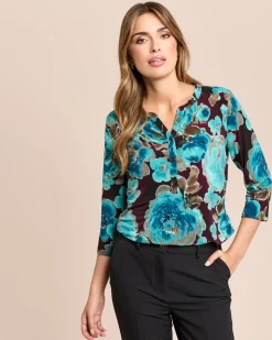 Shirt-Bluse mit Rosendruck und Knopfleiste