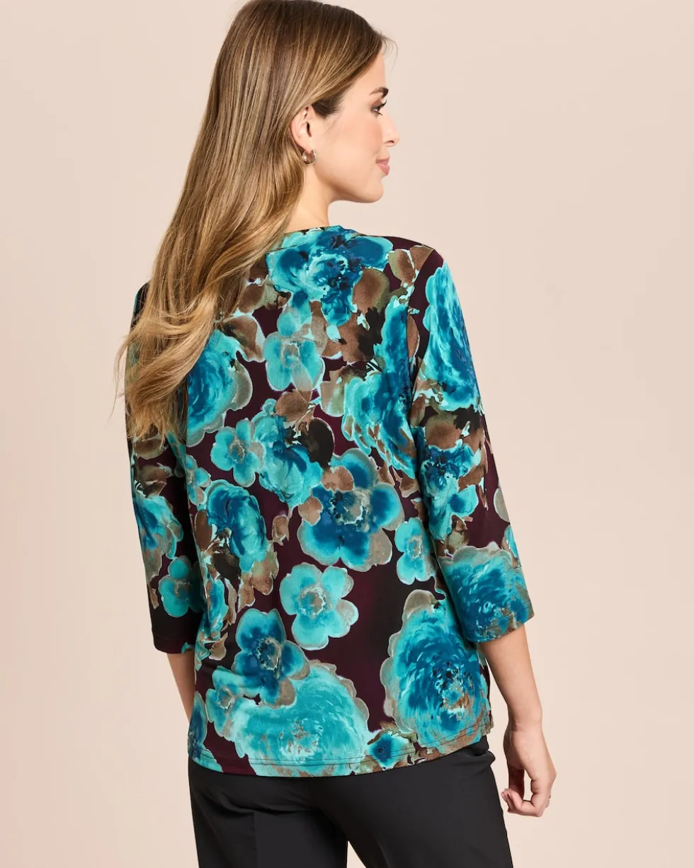 Shirt-Bluse mit Rosendruck und Knopfleiste