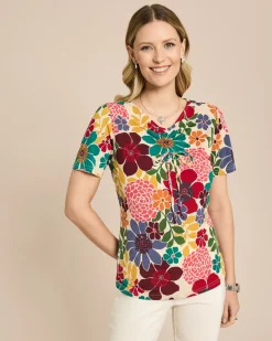 Shirt mit Raffung am Ausschnitt und Blumendruck