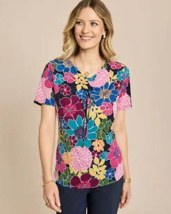 Shirt mit Raffung am Ausschnitt und Blumendruck